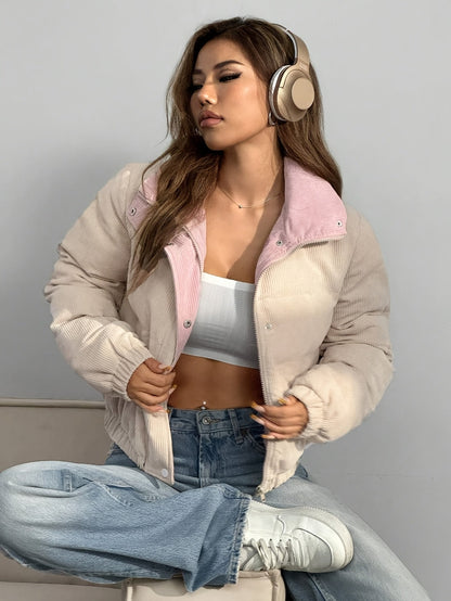 Damen Cord Pufferjacke Kurz Reverskragen Beige Rosa