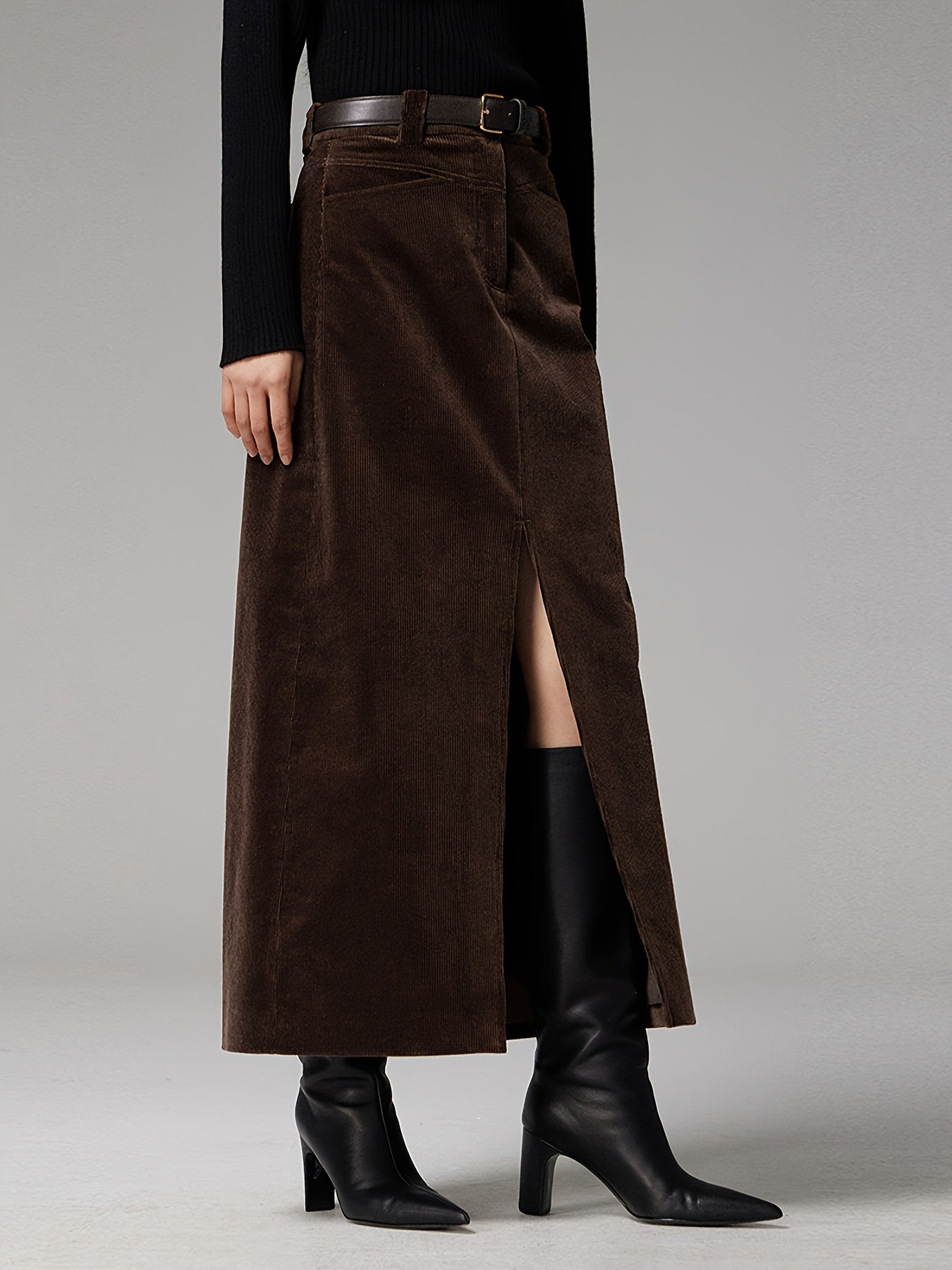 Damen Maxirock aus Kordstoff mit Schlitz Braun