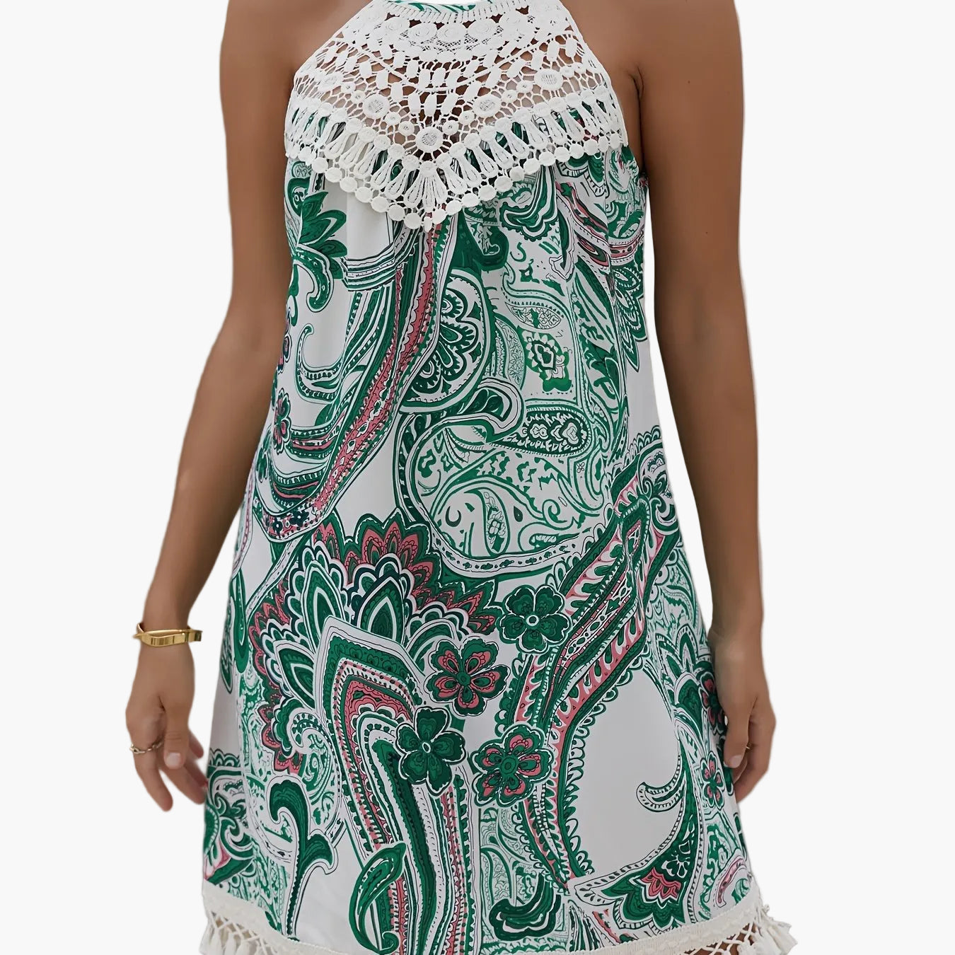 Women's Summer Beach Dress in Boho Style with Crochet Details and Paisley Pattern – Elegant Casual Tunic Dress for Vacation and Everyday Wear