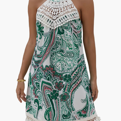 Women's Summer Beach Dress in Boho Style with Crochet Details and Paisley Pattern – Elegant Casual Tunic Dress for Vacation and Everyday Wear