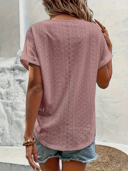 Women's Elegant V-Neck Blouse with Eyelet Pattern for Everyday and Leisure