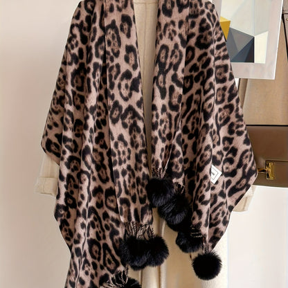 Leopard-print scarf with pom-poms