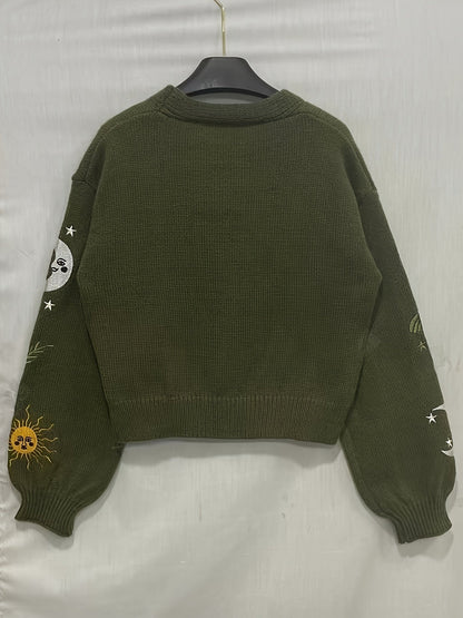 Cardigan Strickjacke mit Sonnen-, Mond- & Mottenstickerei