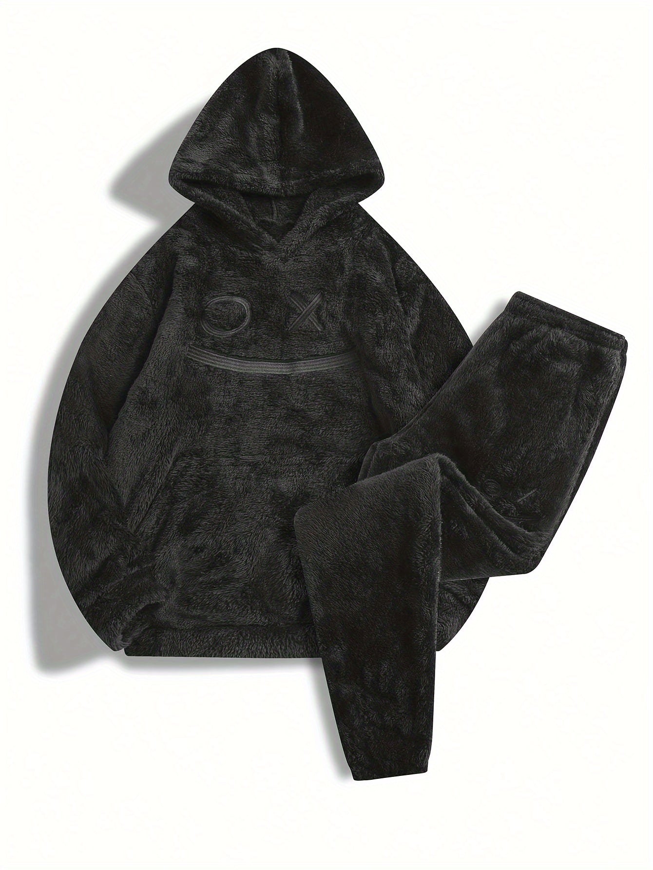 Unisex flannel plush tracksuit in gray with a hood