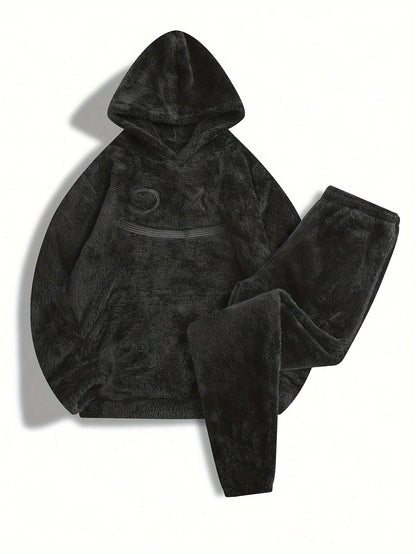 Unisex flannel plush tracksuit in gray with a hood