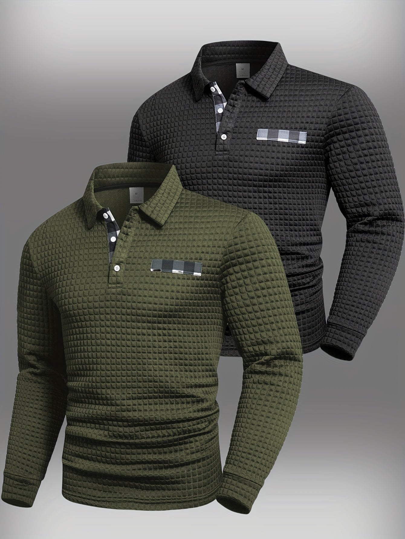 Men's long-sleeved polo shirt with a waffle texture and checked collar, navy blue and army green