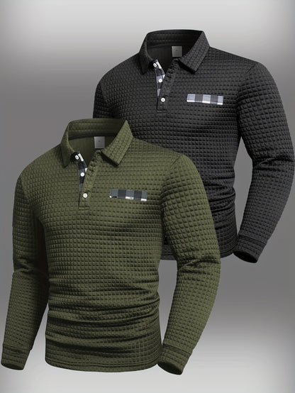Men's long-sleeved polo shirt with a waffle texture and checked collar, navy blue and army green