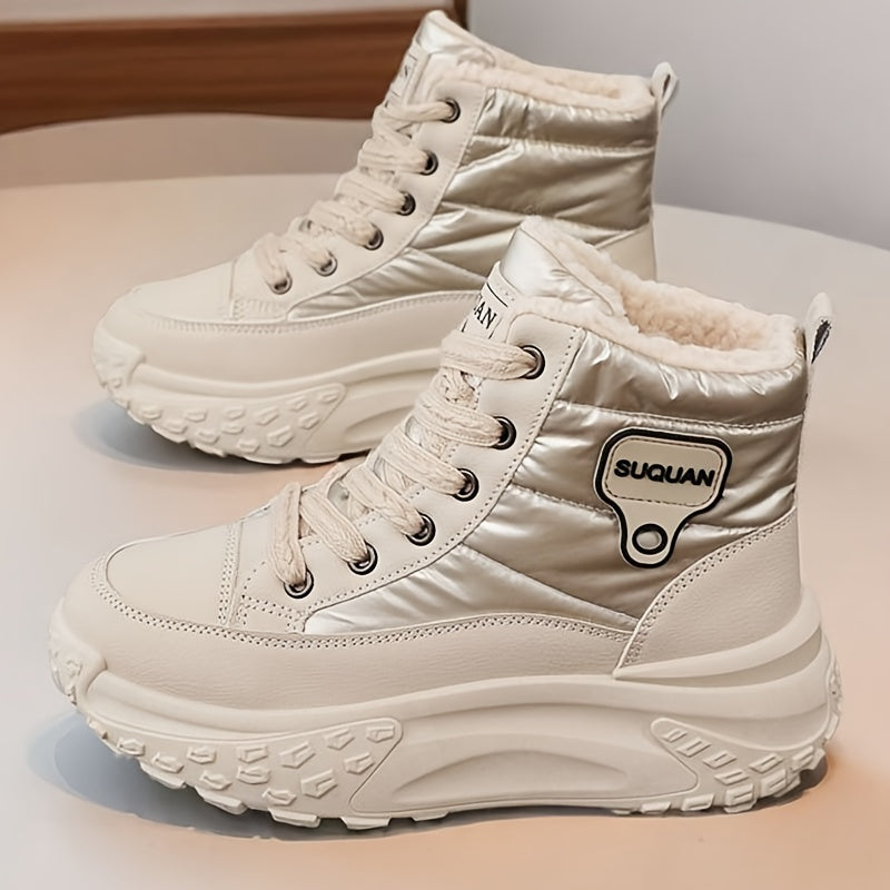 Women's winter boots, warm-lined beige high-top sneakers