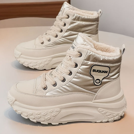 Women's winter boots, warm-lined beige high-top sneakers