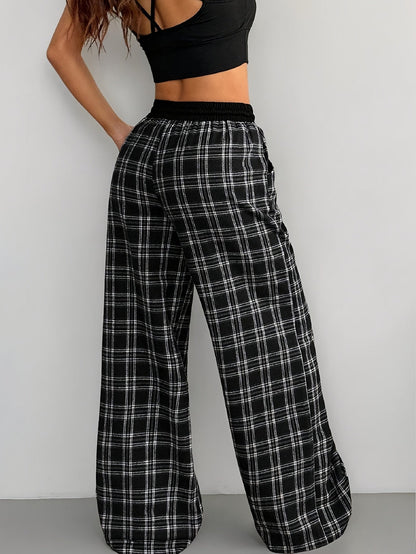 Damen Weitbeinige Karierte Freizeithose mit Kordelzug – Lässige Loungehose für Alltag und Wochenende