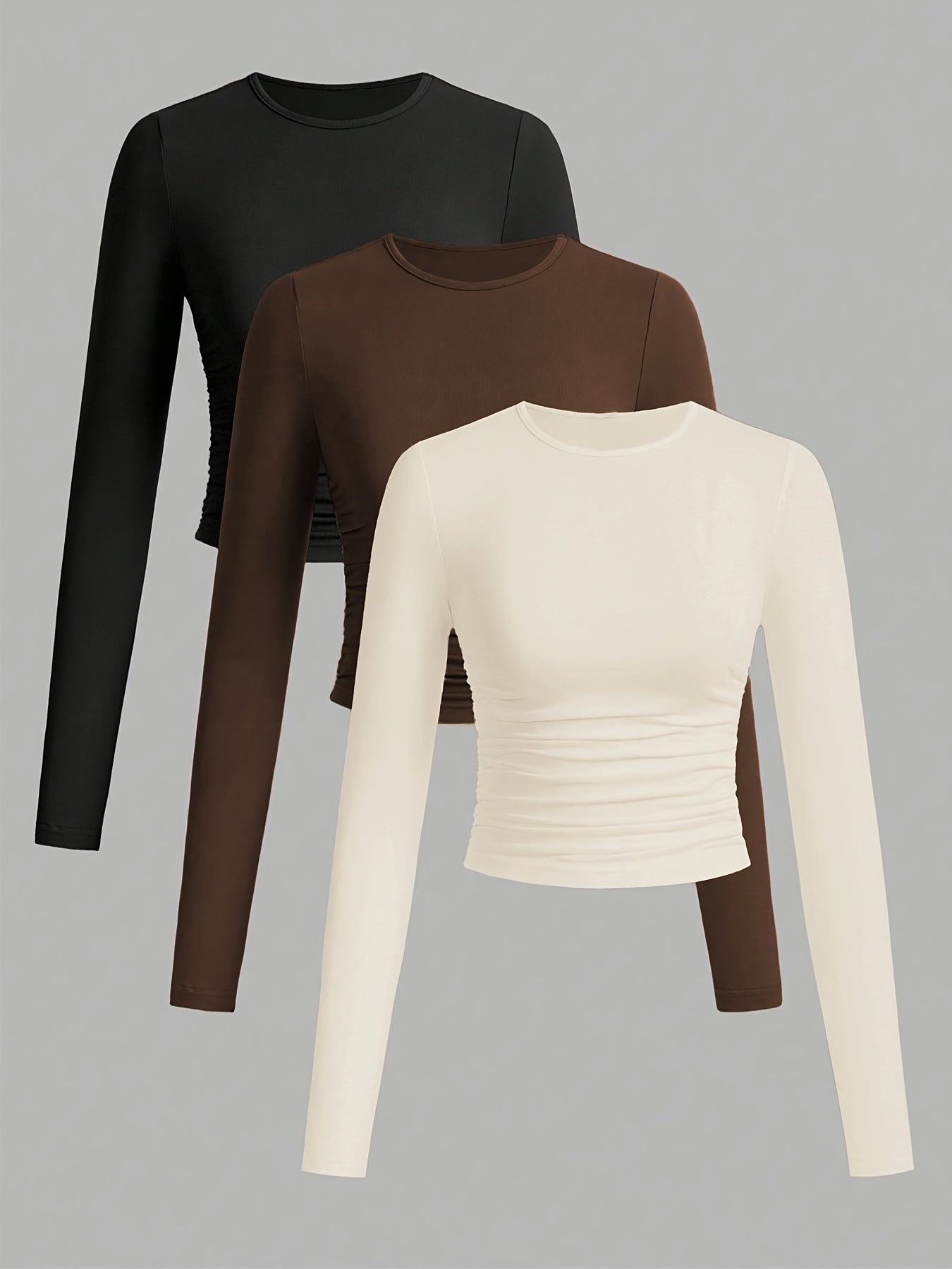 3er Pack Langarmshirt mit Rundhals und Raffung