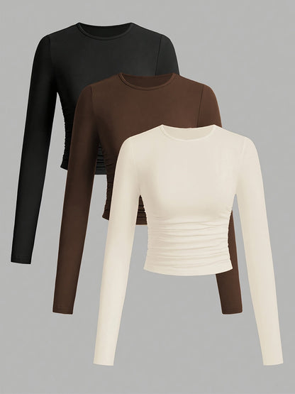 3er Pack Langarmshirt mit Rundhals und Raffung