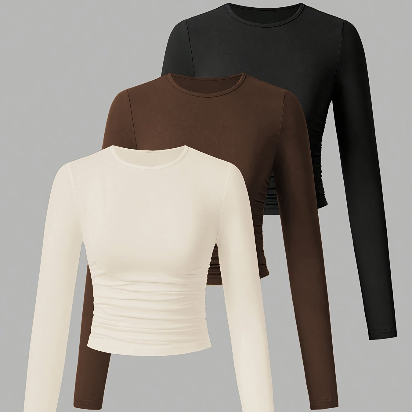 3er Pack Langarmshirt mit Rundhals und Raffung