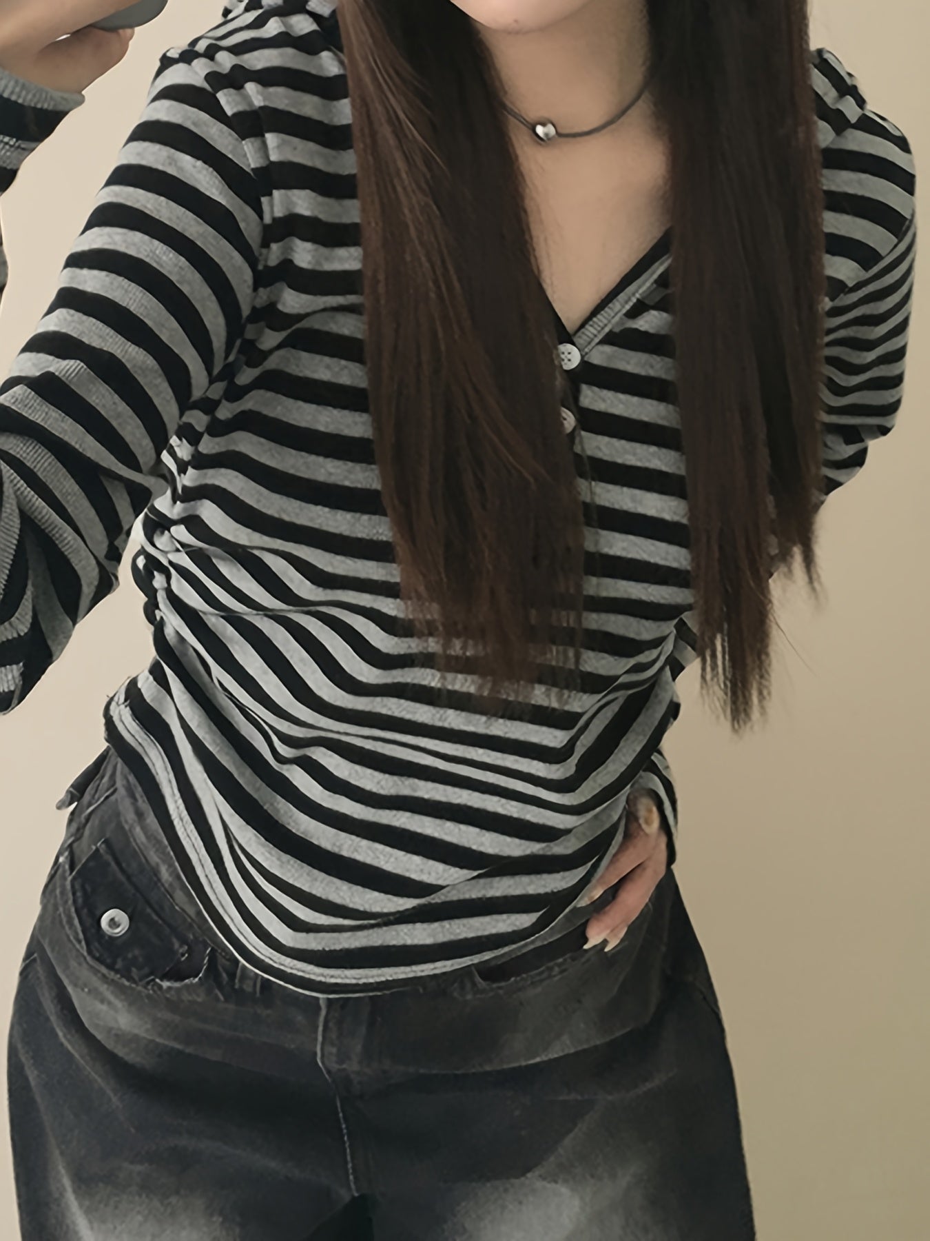 Damen Langarmshirt gestreift mit Knopfleiste