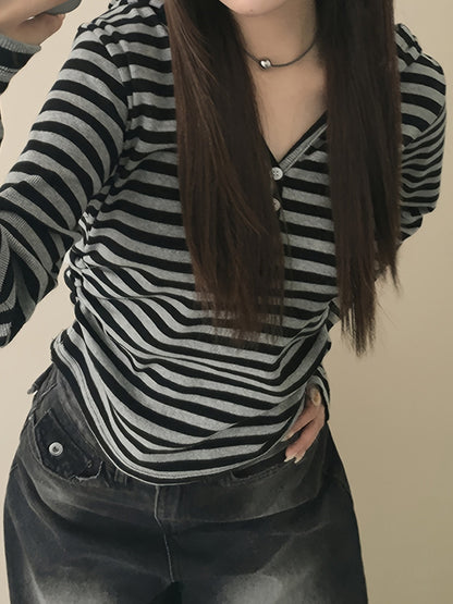 Damen Langarmshirt gestreift mit Knopfleiste