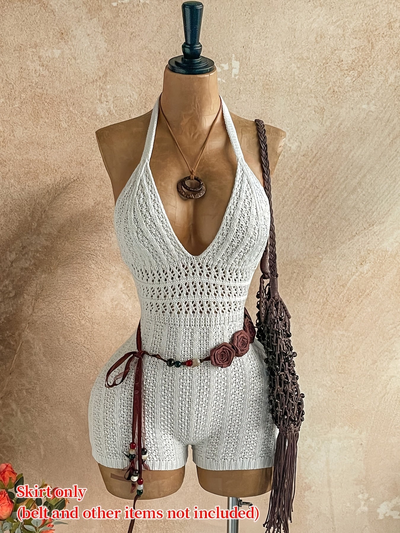 Women's Crochet Beach Jumpsuit with V-Neck and Halter Straps – Boho Summer Jumpsuit for Vacation & Leisure