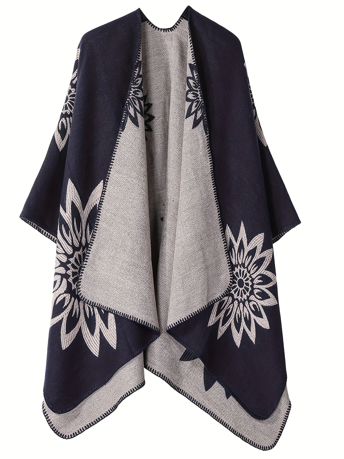Wickelponcho Damen mit Blumenmuster beidseitig tragbar Decke