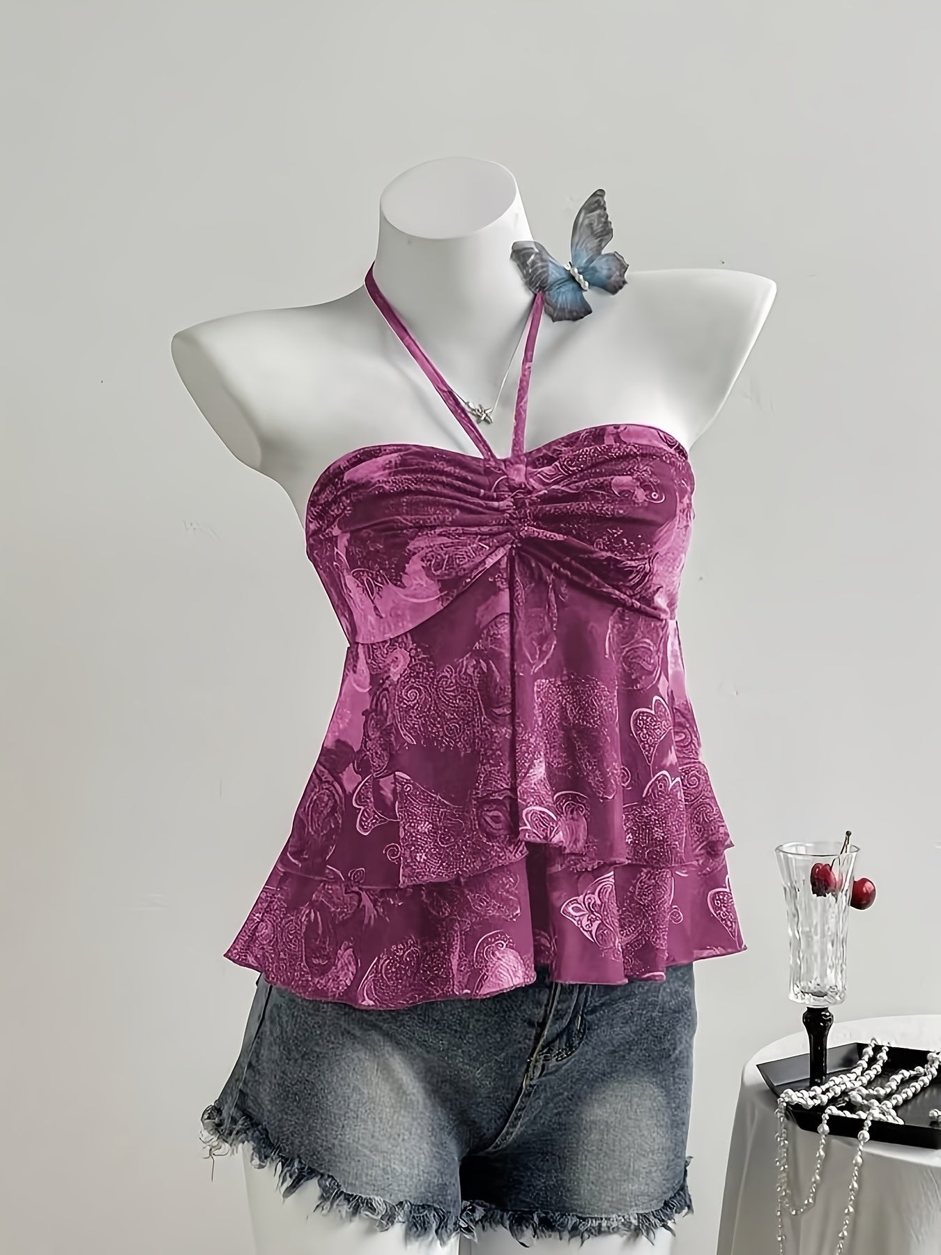 Women's Halterneck Top with Ruffles and Romantic Pattern – Ideal for Casual Wear and Summer