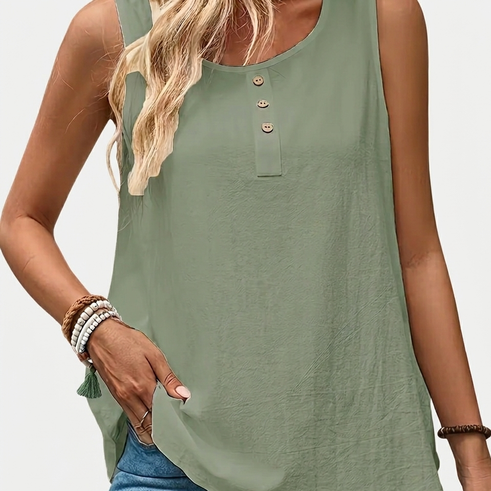 Women's Casual Sleeveless Henley Top with Button Placket – Relaxed Summer Fashion