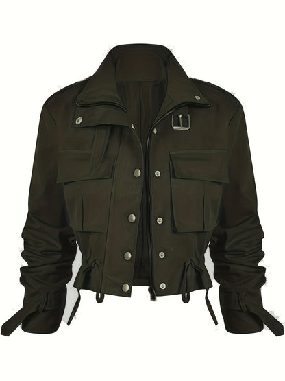 Short women's transitional jacket with zip, buttons & flap pockets
