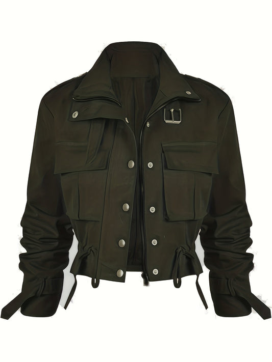 Short women's transitional jacket with zip, buttons & flap pockets