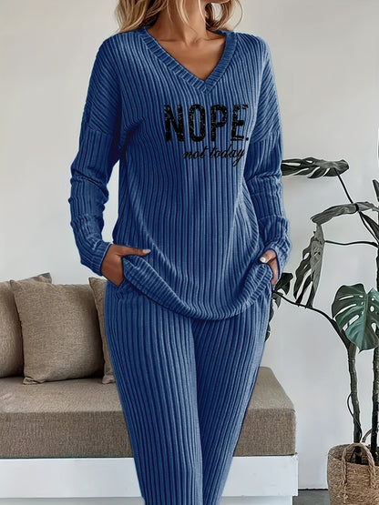Ribbed women’s two-piece set with a V-neck top featuring lettering and wide-leg pants