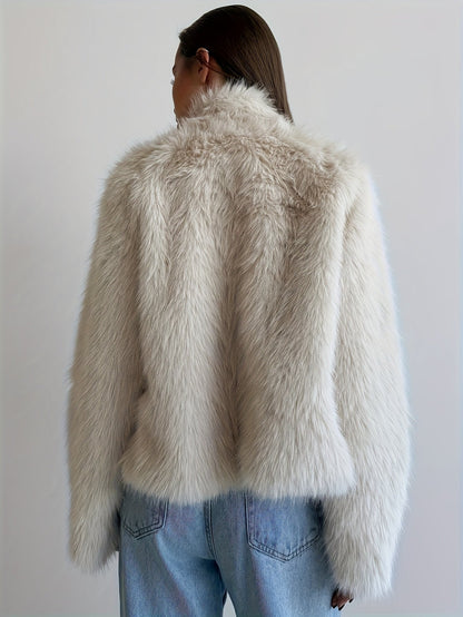 Women's beige faux fur jacket with buckles
