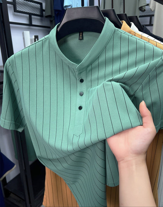 Men's Short-Sleeve Shirt with Stand-Up Collar and Pinstripes – Modern Casual and Business Design