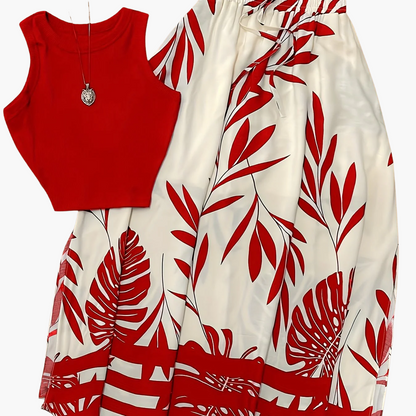 Women's Summer Set with Crop Top and Maxi Skirt – Tropical Print, Vacation, Casual