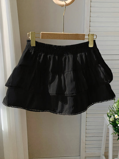 Women's summer mini skirt with ruffles and elastic waistband – Playful boho style for leisure and vacation