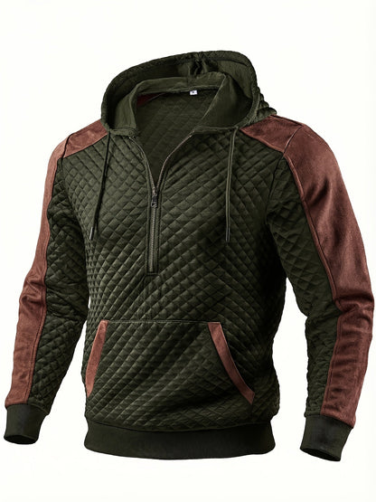 Men's quilted hoodie with half-zip and hood