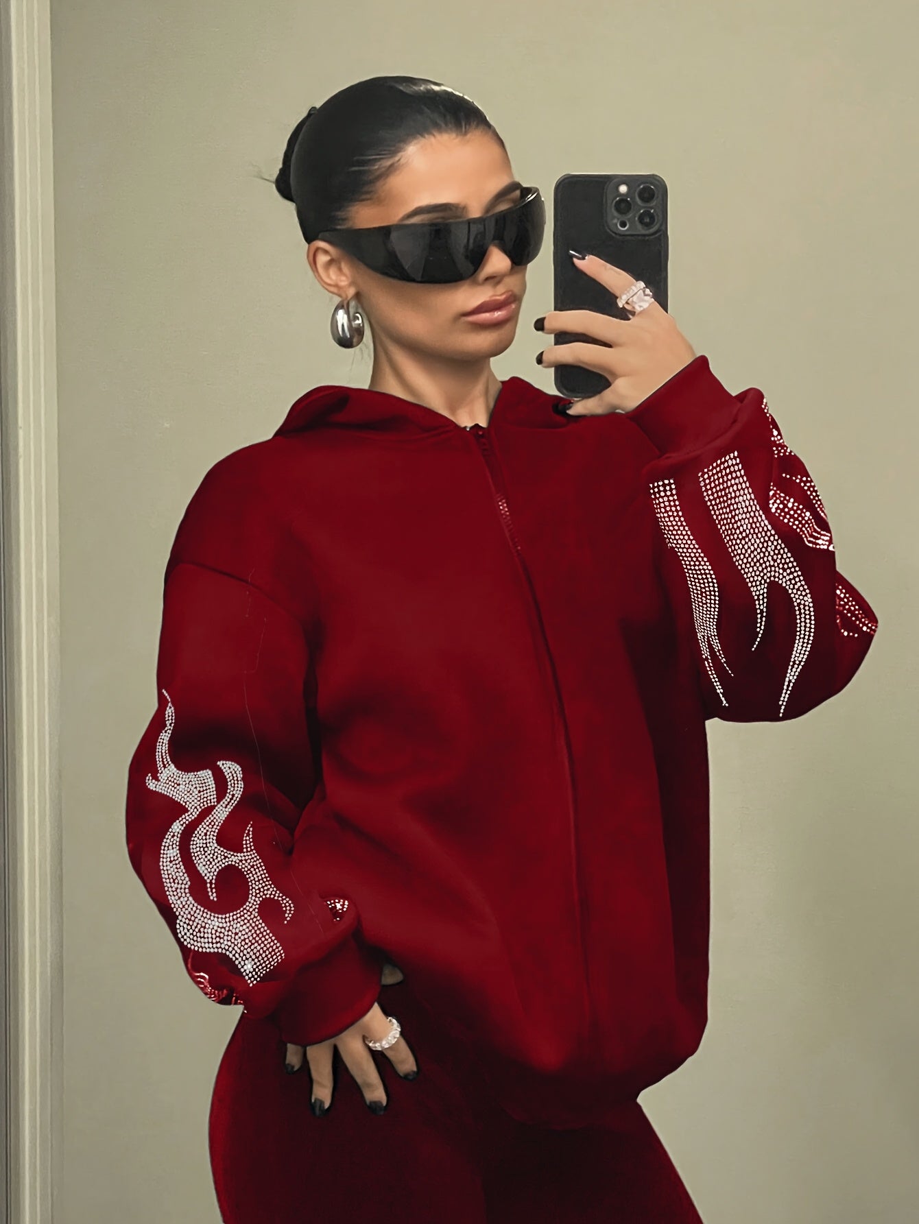 Women's hoodie with rhinestone flame pattern and hood, relaxed fit