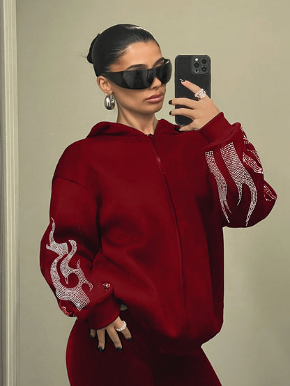 Women's hoodie with rhinestone flame pattern and hood, relaxed fit
