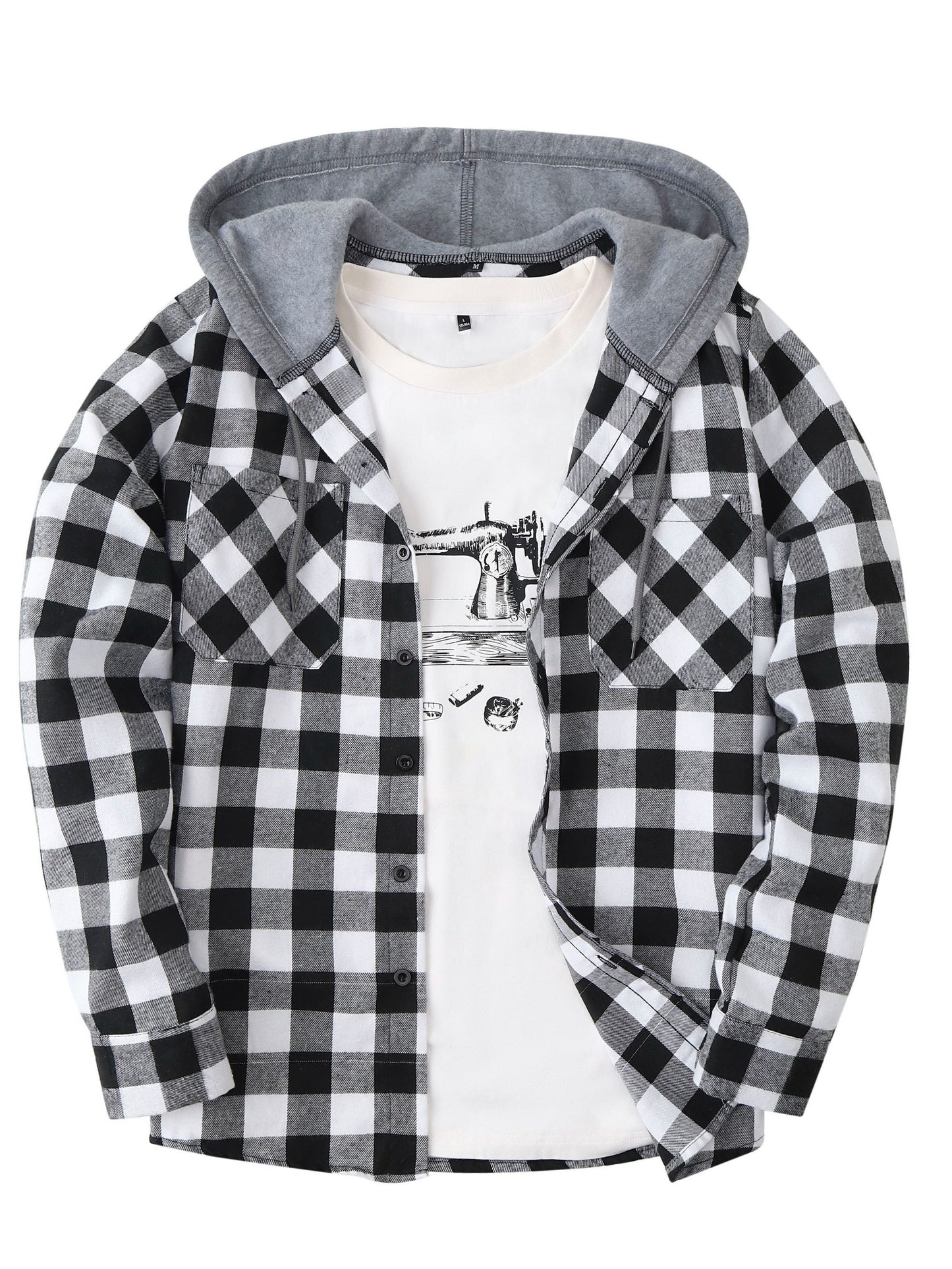 Men’s plaid hooded shirt with button placket