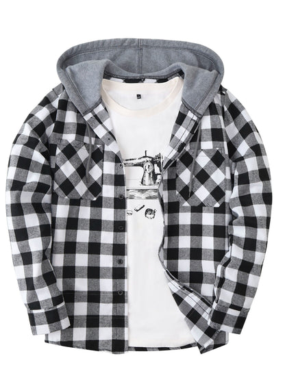 Men’s plaid hooded shirt with button placket