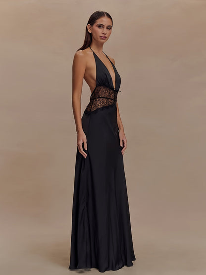 Women's Elegant Fit & Flare Evening Dress with Lace and Deep V-Neck, Floor-Length for Special Occasions