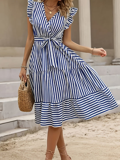Damen Sommerkleid Elegant mit Streifen und Volants – Freizeit- & Strandmode
