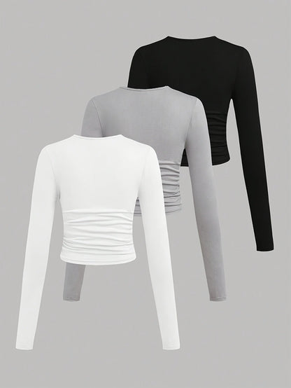 3er Pack Langarmshirt mit Rundhals und Raffung