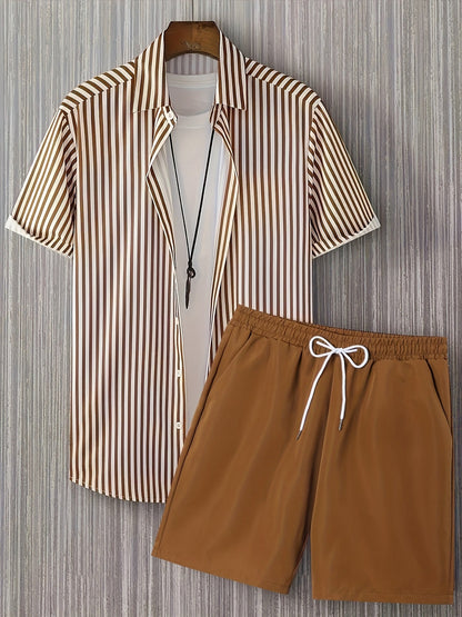 Men's Summer Set – Modern Casual Outfit with Striped Short-Sleeve Shirt and Shorts, Ideal for Vacation & Everyday Wear