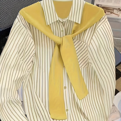 Women's striped blouse with tie detail, long-sleeve shirt blouse with chest pocket