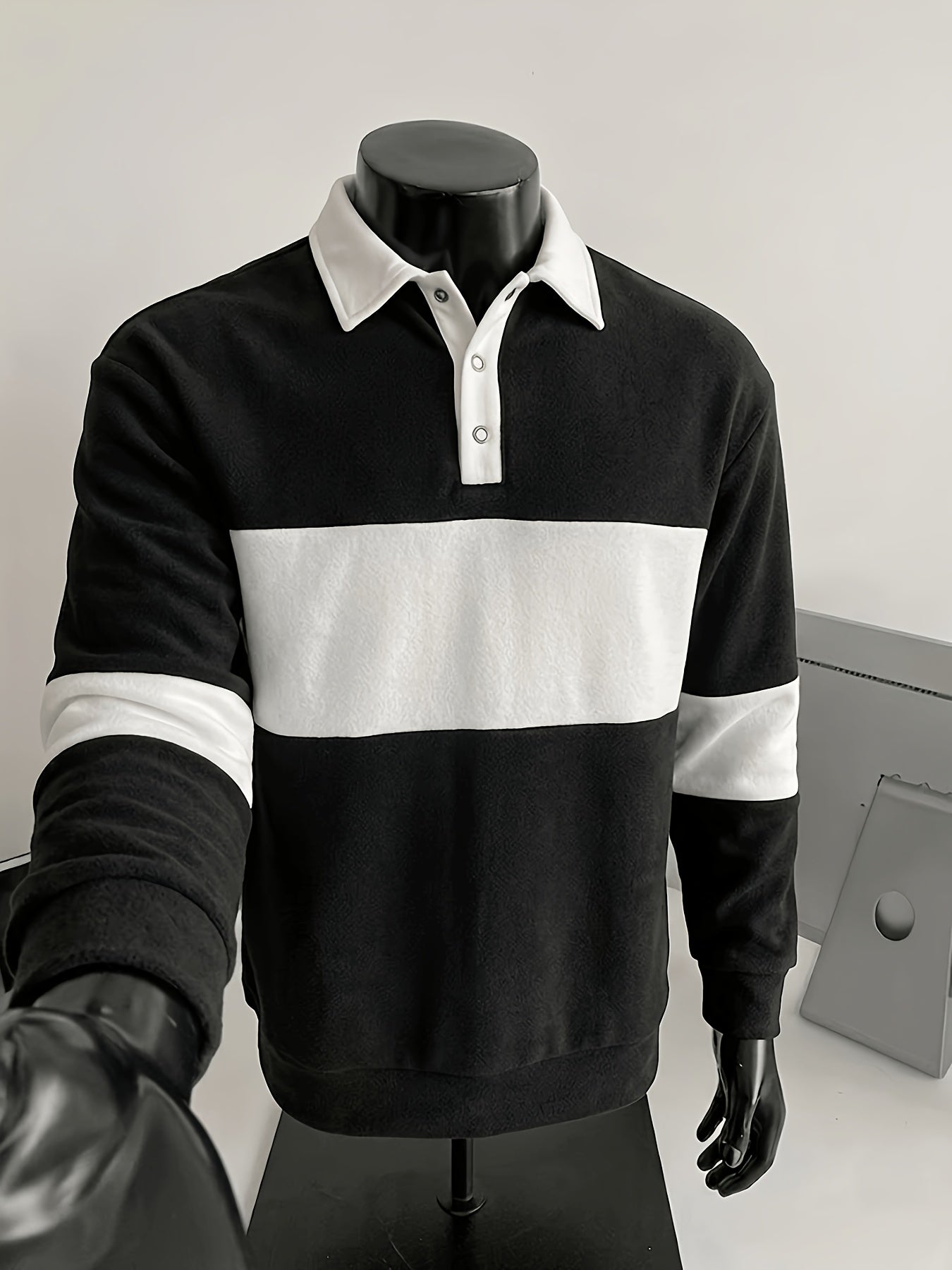 Men's long-sleeve striped rugby shirt with a polo collar, dark gray and black