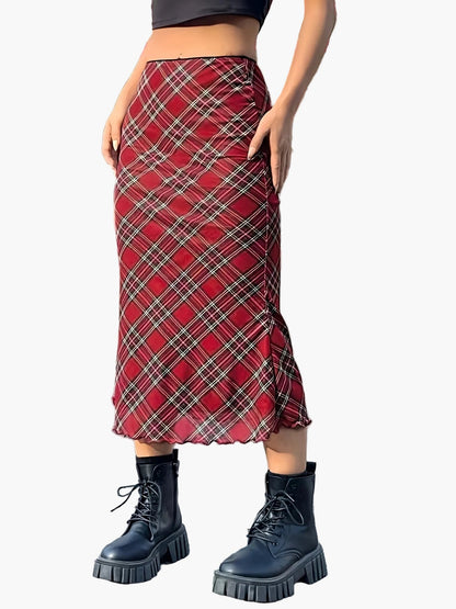 Women's Elegant Checked Maxi Skirt Vintage Style – Casual & Everyday