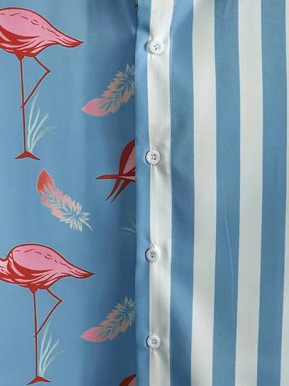 Herren Sommer Set Kurzarm Hemd und Shorts mit Flamingo-Print, Freizeit Outfit für Urlaub und Strand