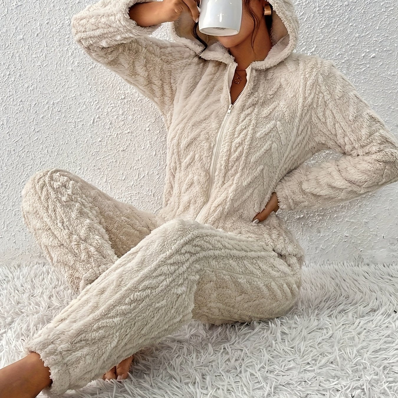 Women's fluffy hooded onesie with ears, light beige