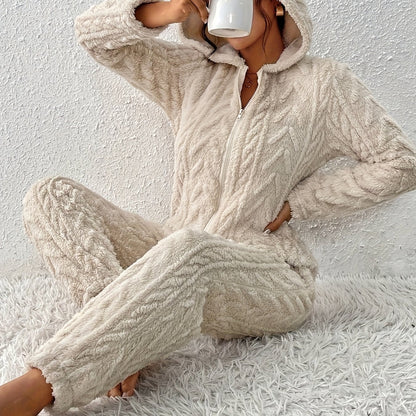 Women's fluffy hooded onesie with ears, light beige
