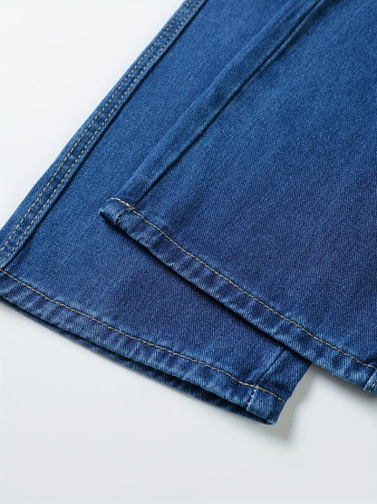 Dark blue jeans with an elastic waistband and drawstring