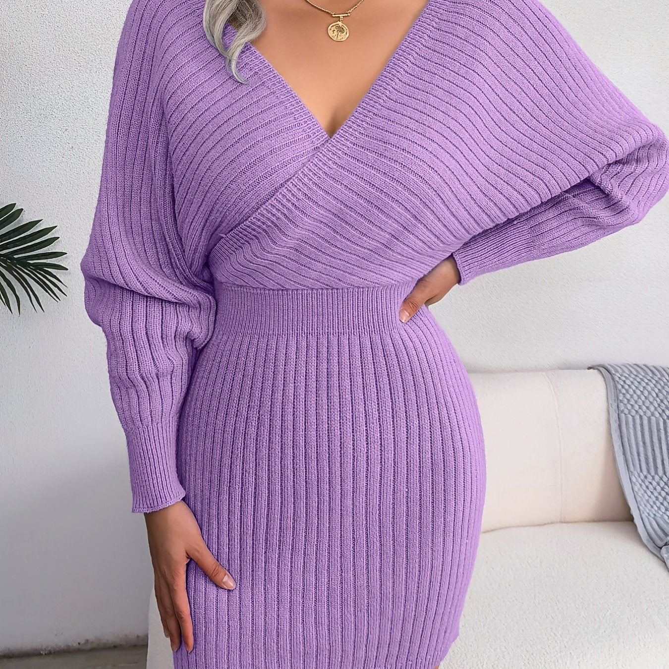 Women's rib-knit sweater dress, V-neck, long sleeves