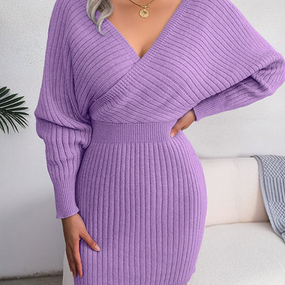 Women's rib-knit sweater dress, V-neck, long sleeves