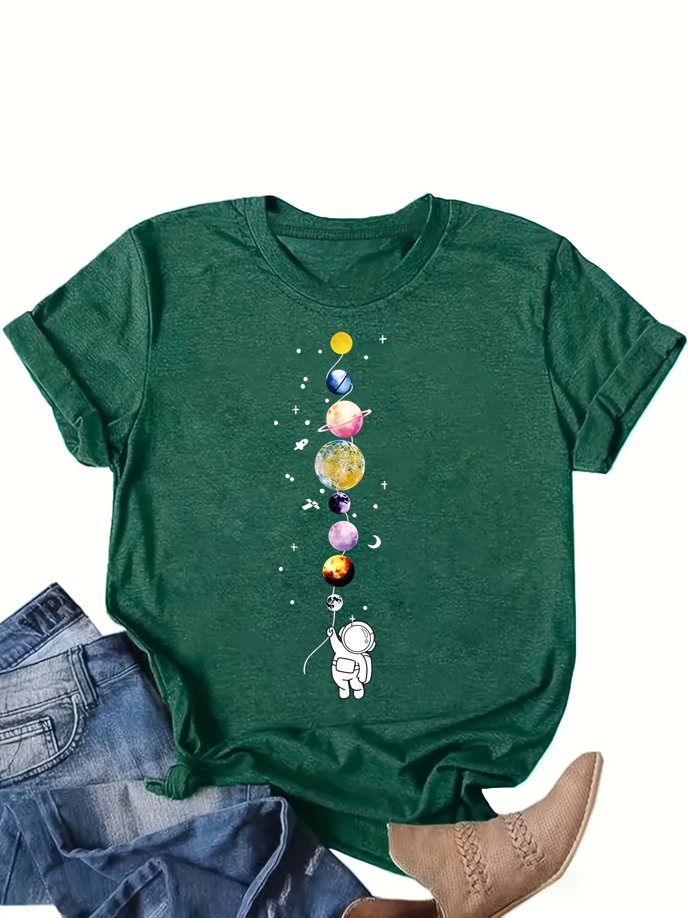 Women's T-Shirt with Astronaut and Planets – Casual Style for Everyday and Leisure – Galaxy & Space Design
