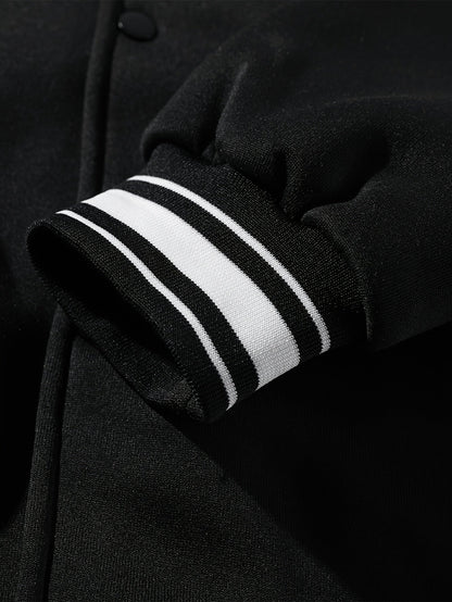 Men’s baseball jacket with hood, snap buttons, embroidery, and ribbed cuffs